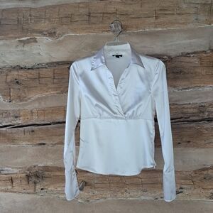 BCX White Satin V-Neck Long Sleeve Blouse